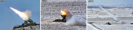 Self-propelled anti-aircraft systems fire flak rockets in a live fire drill (Photos: KCNA)