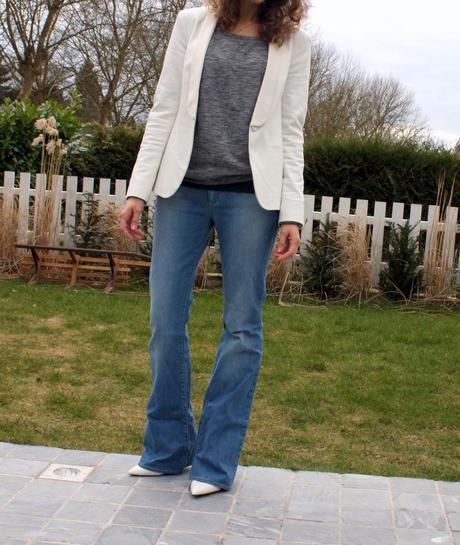 The flare jeans and the white wedge shoes