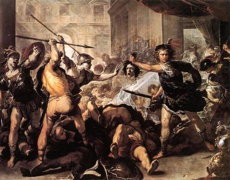 painting of Perseus turning Phineas to Stone by Luca Giordano. National Gallery, London.