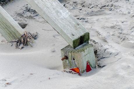 track marker on stairs buried by sand