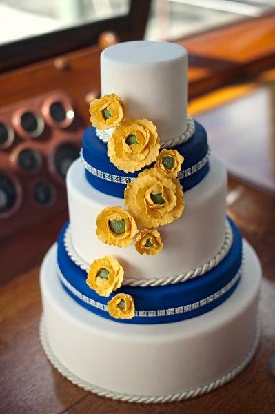White, Blue and Yellow Wedding Cake