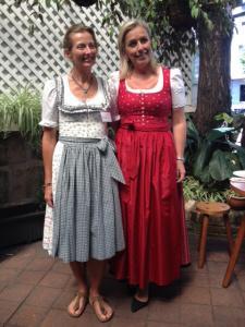 On the left is a modern take on the dirndl while the one on the right is a dressier version of the traditional dirndl