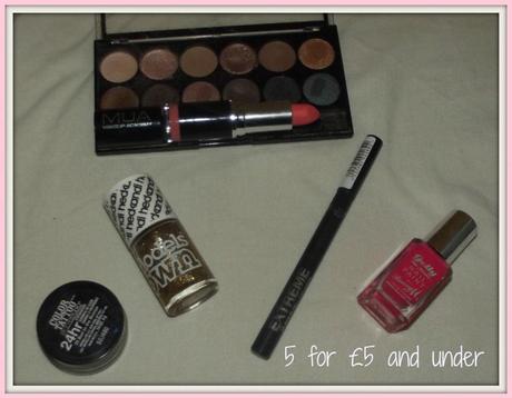 Beauty products under £5, Maybelline Color Tattoo, Maybelline Colour Tattoo, MUA Cosmetics, Undressed Palette, MUA Lip Stick, Barry M Nail Paint, Models Own Nail Polishes, Gelly Hi-Shine, Collection Eyeliner, Extreme Liner