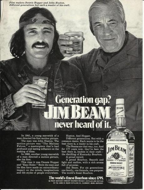 Hopper_Magazine advertisement for Jim Beam whisky featuring Dennis Hopper and John Huston, 1972. Retrieved from eBay.