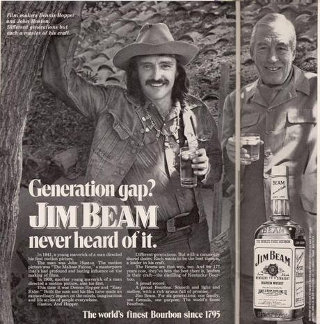 Hopper_Magazine advertisement on two pages for Jim Beam whisky featuring Dennis Hopper and John Huston, 1972, Retrieved from Flickr.