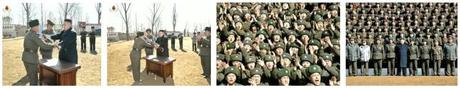 Kim Jong Un presents a machine gun, automatic rifle, is greeted by service members of the 2nd Battalion of KPA Unit #1973 and poses for a commemorative photo with them during a 23 March 2013 field inspection (Photos: KCTV screengrabs)