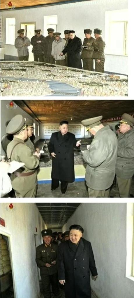 Kim Jong Un views a topographical map and reviews operations plans and tours a food storage facility during a field inspection of KPA Unit 1973's 2nd Battalion on 23 March 2013
