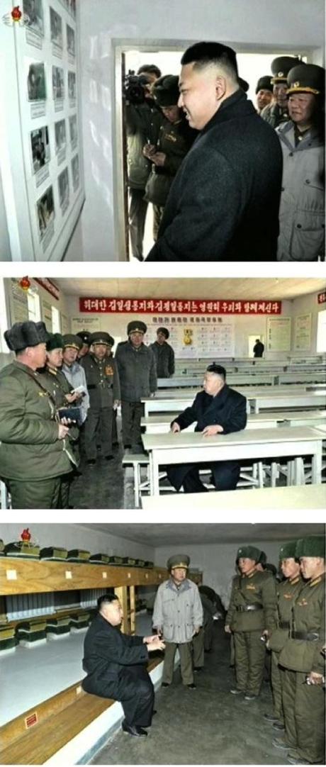 Kim Jong Un tours living quarters and a classroom of a company subordinate to the 2nd Battalion of a KPA Unit #1973, part of the country's special operations forces, on 23 March 2013