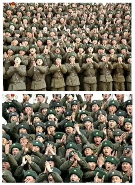 Service members and officers of the command element of KPA Unit #1973 greet Kim Jong Un, upon his arrival at the unit (Photos: KCTV screengrabs)