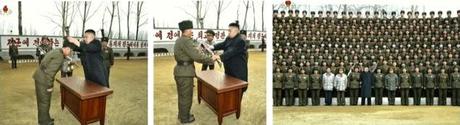 Kim Jong presents an automatic rifle (L), a pair of binoculars (C) and poses for a commemorative photograph during an inspection of the command element of KPA Unit #1973 on 22 March 2013 (Photos: KCTV screengrabs)
