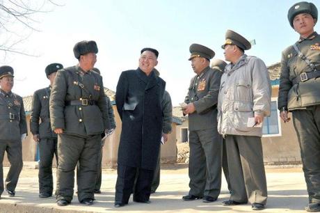 Kim Jong Un (2nd L) smiles during a tour the 2nd Battalion of KPA Unit #1973 on 23 March 2013 (Photo: Rodong Sinmun)