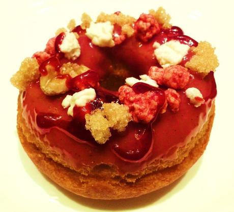 Raspberry Goat, a cake doughnut with raspberry-goat milk glaze, raspberry reduction, milk-raspberry crunch, and marsala-sugar crystals.