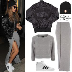 Rihanna leaving her hotel in London on February 17th. She wore a Grey Marl Cropped Sweatshirt ($75.00) and the Grey Thigh Split Sweat Maxi Skirt ($100.00) from her Rihanna for River Island Collection. She teamed the look with a Irongate Stadium Jacket from Trapstar (£95.00), the Silver Spoon Attire Vintage Cameo Beanie (£45.00) and a pair of Pro Model Shoes by Adidas ($78.00).