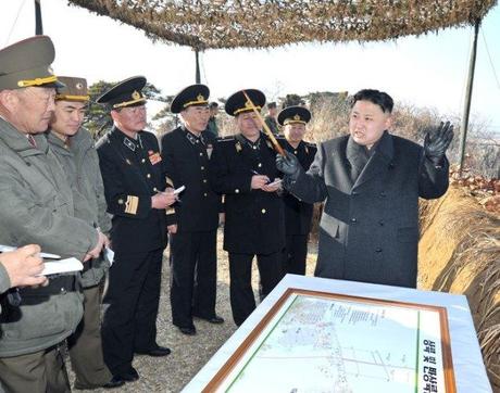 Kim Jong Un reviews an operations plan during joint live exercises on the country's east coast on 25 March 2013.  Also seen in attendance is Chief of the KPA General Staff, Gen. Hyon Yong Chol (L) (Photo: Rodong Sinmun)