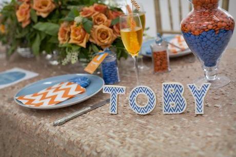 Chevron Aqua and Orange with a Touch of Gold Table by Little Big Company