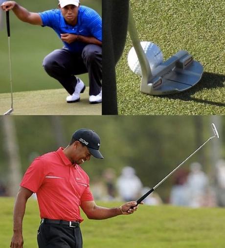 TOP: Tiger at Masters in 2011 with shaky Method putter lookinf justifiably concerned; BOTTOM: Tiger putting great at Doral with a Scotty Camercon knock-off Nike putter