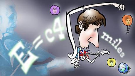 caricature of Who guitarist and songwriter Pete Townshend playing Union Jack guitar and soaring through space, Albert Einstein playing violin in background, other members of rock group Who visible in background with Boris The Spider