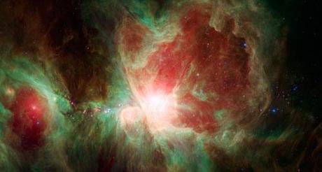 The Orion Nebula, constructed using infrared data from the Spitzer Space Telescope photography. Picture taken with Hubble Telescope 