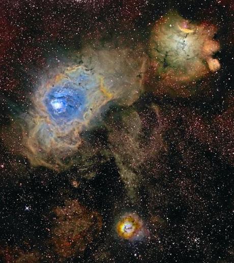 Three Nebulae in Narrow Band photography. Picture taken with Hubble Telescope 