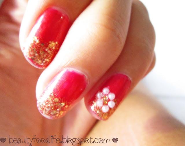 glitter nail art, golden red nail art, elegant nail art, beautyfoodlife.blogspot.com