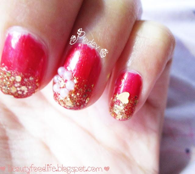 glitter nail art, golden red nail art, elegant nail art, beautyfoodlife.blogspot.com