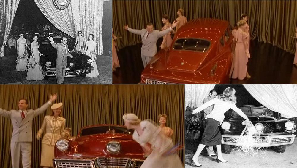 Jeff Bridges as Preston Tucker during the 1947 Tucker car presentation - Fiction-reality comparison