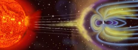 Artist's depiction of solar wind particles interacting with Earth's magnetosphere. Sizes are not to scale (Source: NASA)