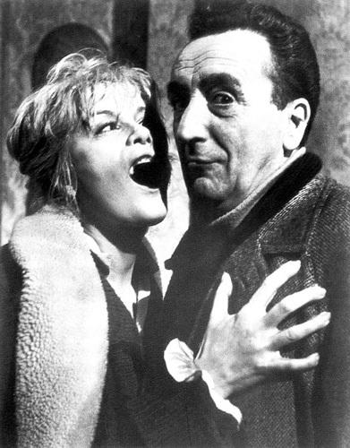 Italian director Mario Bava joking around with French actress Jacqueline Pierreux (mother of  Jean-Pierre Leaud) during the filming of BLACK SABBATH (1963).