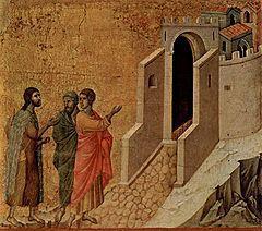 Jesus and the two disciples On the Road to Emmaus, by Duccio, 1308-1311, Museo dell'Opera del Duomo, Siena.