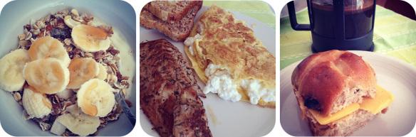 Post-race 3 course breakfast: muesli, banana, yoghurt/cottage cheese omelet, herbed mackerel/hot cross bun and cheese.