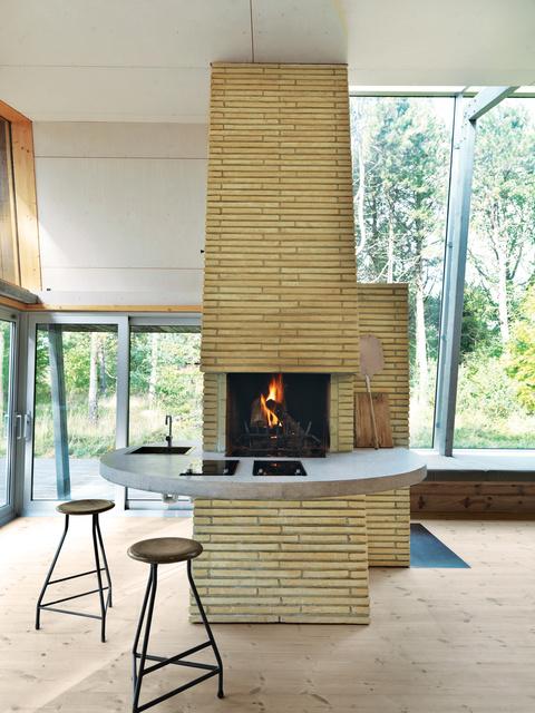 Modern brick fireplace.