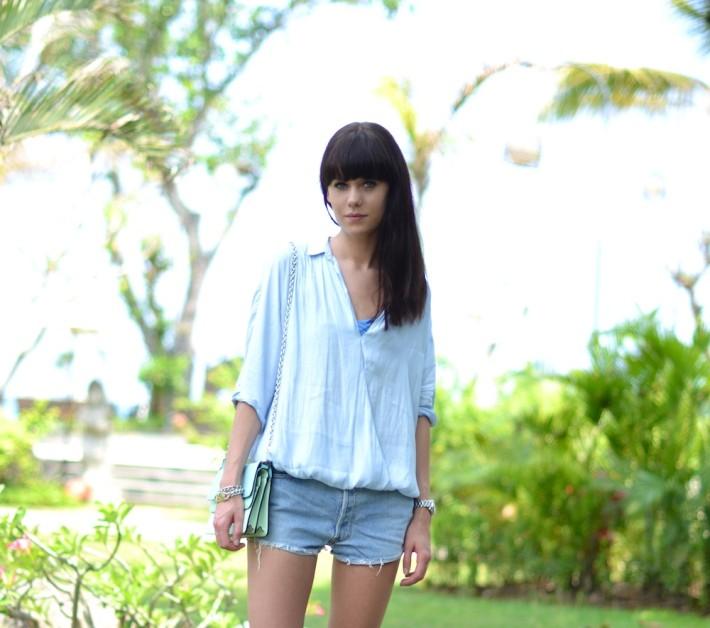 outfit baby blue blouse denim shorts