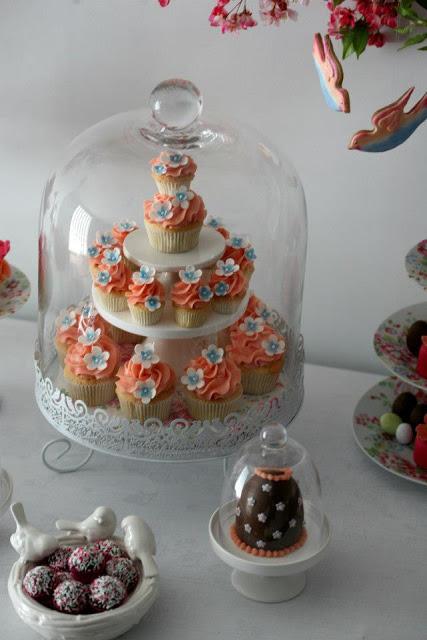 Spring Time Themed Table with beautiful birds and floral sweet treats by Cupcake