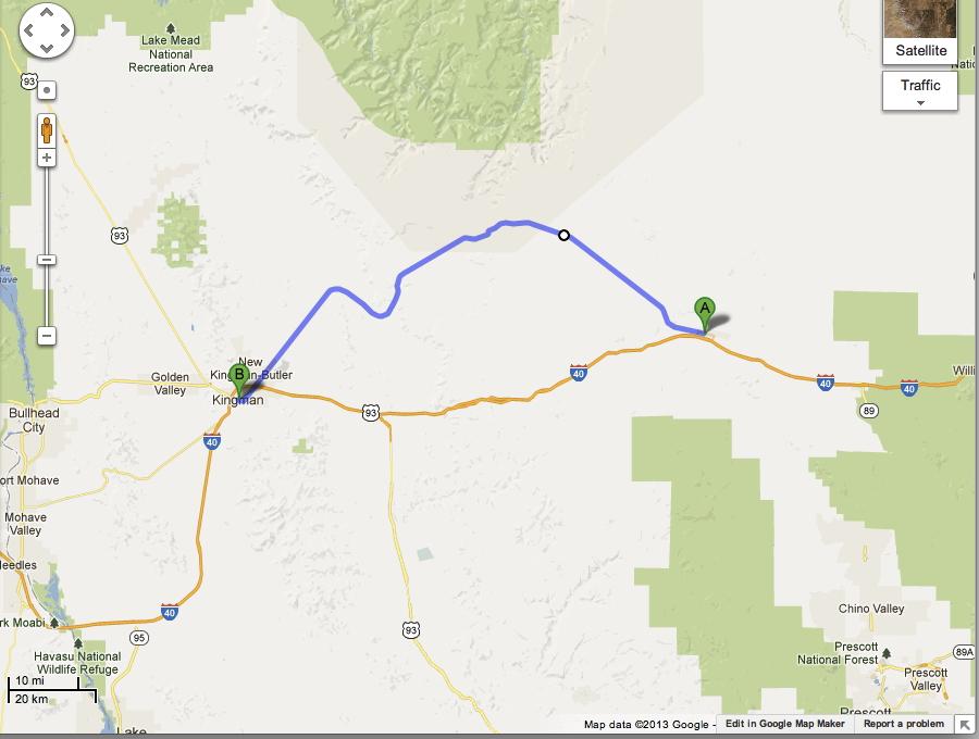 Route 66 Map From Kingman AZ to Seligman AZ