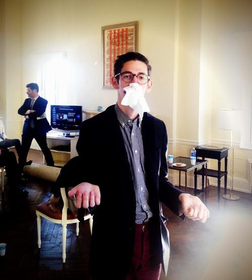 Yesterday, DEH and I were extras on a photo shoot, and in between takes, we had a lot of time to speculate about what we should do with our lives. Given that it’s pretty clear I’m not going to make serious money doing ordinary things, like writing articles, I mused for a while about erotica novels I could potentially write.
“I would be good at it,” I said to DEH. “I could be like, ‘And then, as he lay there moaning, she kissed every single hair on his torso before making her way down to his throbbing member, which she then thrust inside her.’”
“You could call it ‘Seventeen Hairs,’” DEH suggested. 
“You’re shadowing Stacy!” the photographer yelled at me.
“Your moustache is off-putting,” said a crew member to DEH.
In the end, they chose to keep the two of us the longest, because in the shot, everyone was supposed to look like they were having the time of their lives.