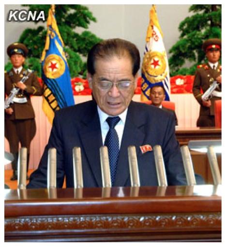 DPRK Premier Pak Pong Ju delivers a report at a national meeting commemorating the 20th anniversary Kim Jong Il's election as NDC Chairman held in Pyongyang on 8 April 2013 (Photo: KCNA)