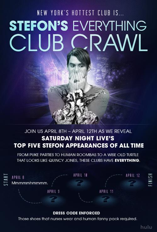 hulu:


We’re going on a Club Crawl this week with everyone’s favorite City Correspondent: SNL’s very own Stefon.
Today’s club, “Mmmmmhmmmm,” is an active crime scene that has everything: stickballs, pick pockets, and cookie crisp. Stick it out and you might become good friends with Derek Zoolander, just like Stefon.
It only gets better from here. 
