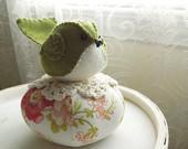 Green Felt Bird Floral Pincushion Tuffet - SeaPinks