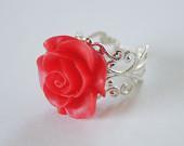 Red Resin Rose Flower Silver Metal Adjustable Ring, Vintage Inspired - CoolWaterGems