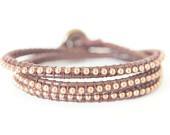 Brown Leather Wrap Bracelet Copper Ball Chain Button Three Wraps Stack Bracelet - CoolWaterGems