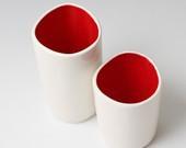 Small White Satin Matte and Red Ceramic Sake Cups / Ceramic Shot Glasses Simple, Modern and Bright White Cup Set - - VitreousWares