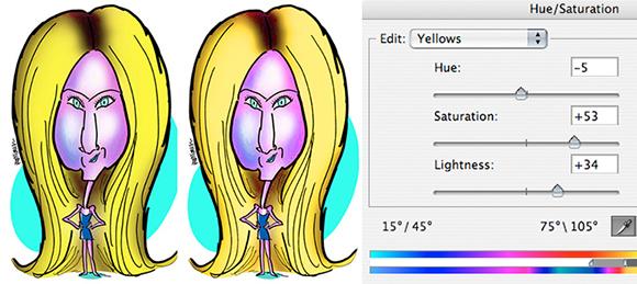 Jennifer Aniston caricature before and after adjusting Yellows to take green out of her hair using Hue Saturation adjustment layer in Photoshop