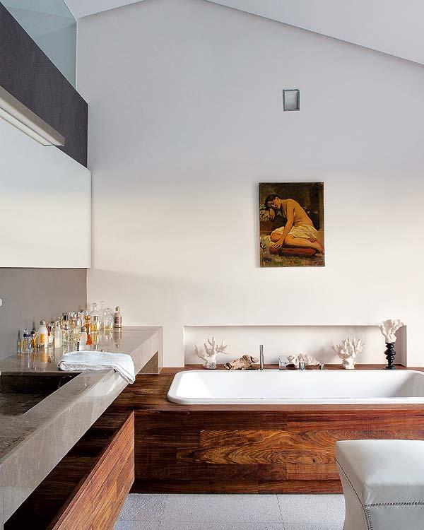Codo a Codo Arquitectura Madrid remodel bathtub wood stone gray plaster coral modern classic