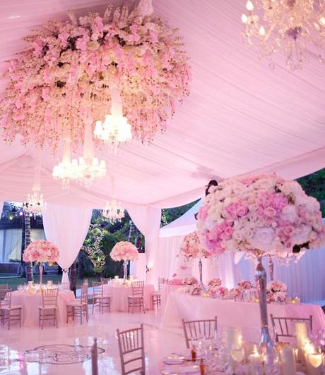 hanging-flowers-wedding-decor, hanging pink flowers, hanging flowers wedding tent