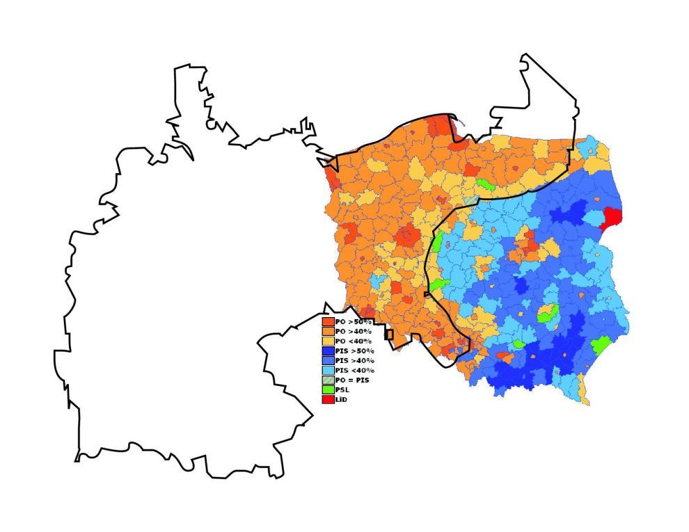 Polish voting patterns, with former German territory overlay.