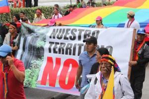 Thousands of indigenous peoples led by CONAIE (Confederation of Indigenous Nationalities of Ecuador) converge on Quito in March 2012 after a 15-day march demanding an end to open pit mining and new oil concessions. (Amazon Watch)