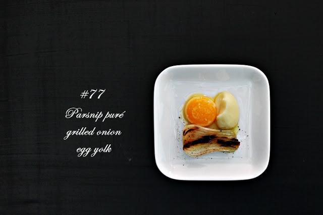 Grilled onion, parnsip pure & olive oil poached egg yolk #77