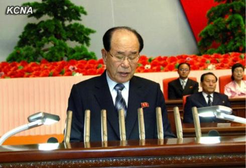 SPA Presidium President and KWP Political Bureau Presidium Member Kim Yong Nam delivers the report at a 14 April 2013 national meeting to commemorate the 101st anniversary of Kim Il Sung's birth (Photo: KCNA)
