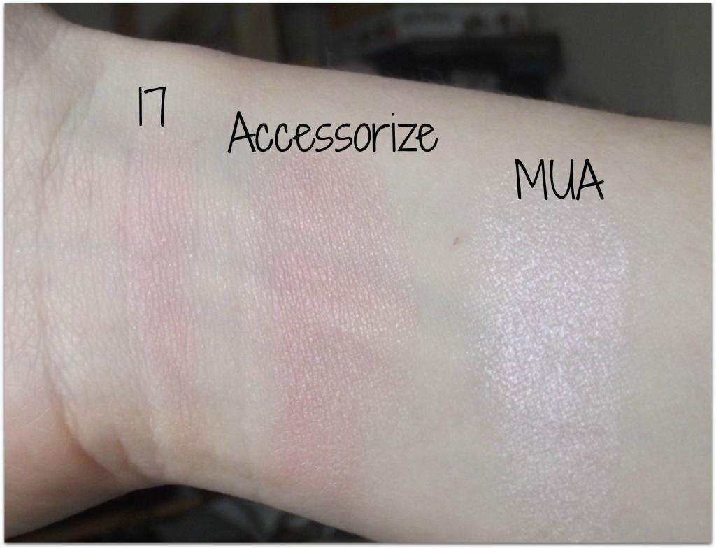 MUA Undress Your Skin Shimmer Highlighter, Accessorize Merged Baked Blusher in Sensation, 17 Oh So Spring Stamp Blusher in Pink, Swatches