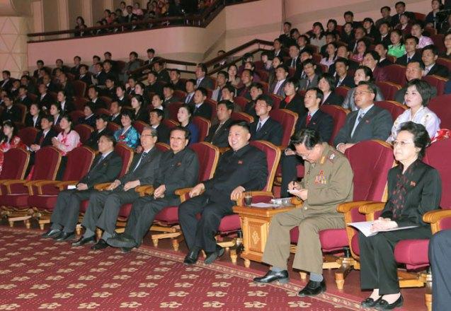 Kim Jong Un (3rd R) watches a concert by the U'nhasu Orchestra at the People's Theater in central Pyongyang on 15 April 2013.  Seated with KJU are his aunt Kim Kyong Hui (R), VMar Choe Ryong Hae (2nd R), Jang Song Taek (4th R), Choe Tae Bok (5th R) and Kang Sok Ju (6th R).  (Photo: Rodong Sinmun)